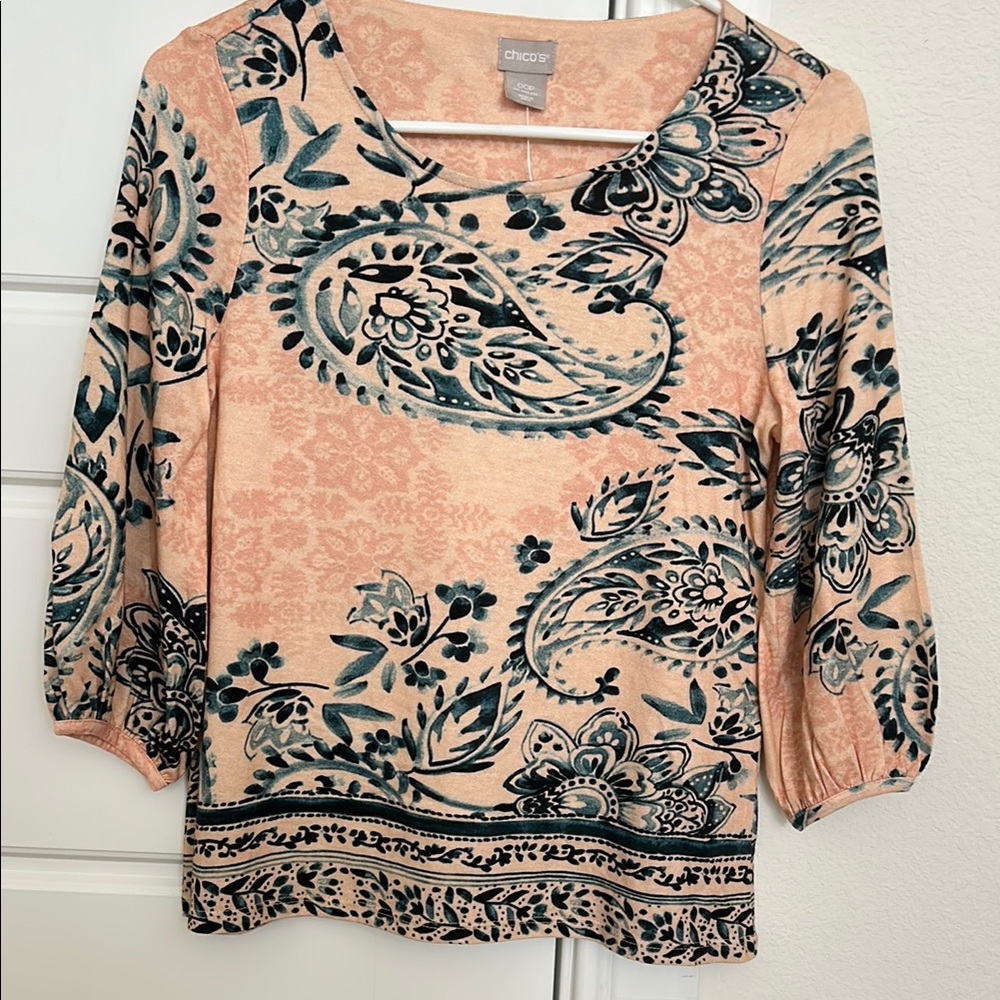 Chico's Orange and Pink Graphic 3/4 Sleeve Blouse